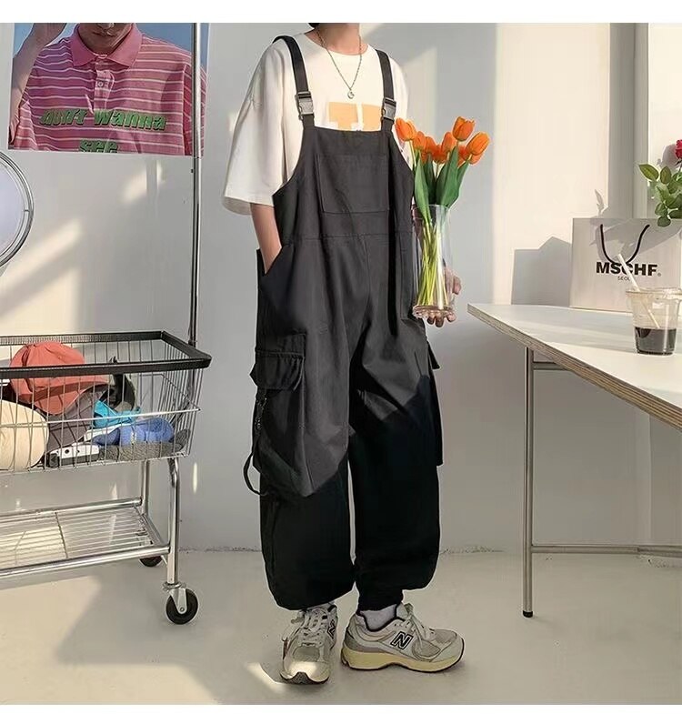 Bonsir  Men's Fashion Oversized Overalls College Style Salopettes Romper Jumpsuit Grey/black Color Casual Pants Loose Work Trousers