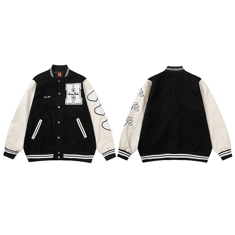 Bonsir Girls Don't Cry Letter Flocking Contrast Color Baseball Jackets for Men and Women Retro Stand Pu Leather Sleeve Winter Coat