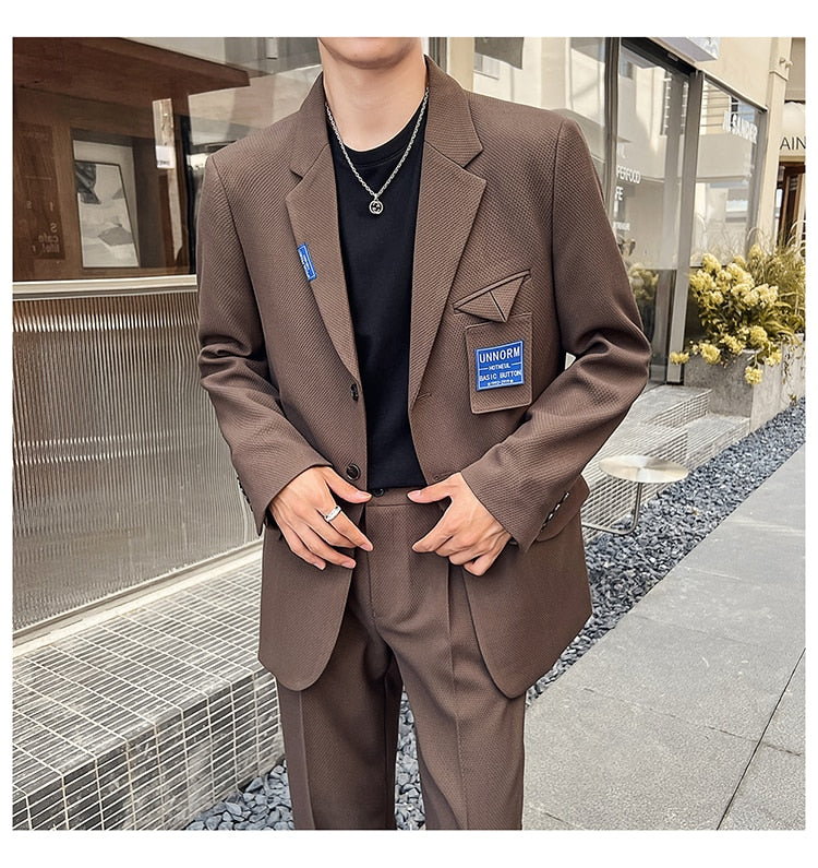 Bonsir Mens Suits Sets Jacket Pant Men Korean Streetwear Office Fashion Loose Casual Blazer Suit Jacket Pant Chic Trend Dress Suits