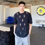 Bonsir Summer Hole Design Male Round Neck T-shirts Solid Color Short Sleeve Men's Knitted Tops 2023 New Korean Casual Trend