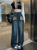 Bonsir Design sense niche color contrast stitching jeans for women's spring new high waisted slim straight leg wide leg long pants