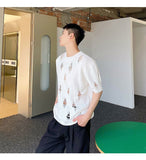 Bonsir Summer Hole Design Male Round Neck T-shirts Solid Color Short Sleeve Men's Knitted Tops 2023 New Korean Casual Trend