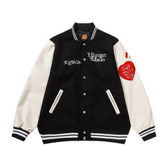 Bonsir Girls Don't Cry Letter Flocking Contrast Color Baseball Jackets for Men and Women Retro Stand Pu Leather Sleeve Winter Coat