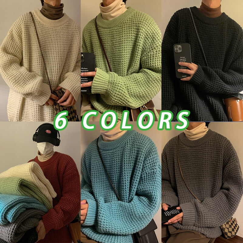 Bonsir Men's Waffle Sweaters Round Neck Solid Color Korean Style Hip Hop Male Knitted Pullovers Loose Casual Winter Knitwear