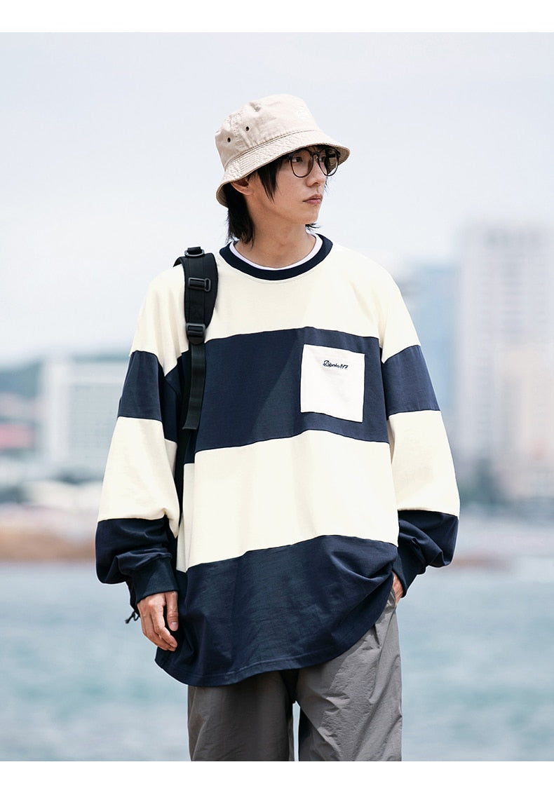 Bonsir Men Striped Hoodies Oversized Sweatshirt Harajuku Pullovers Neutral Korean Fashion Couples Matching Pocket Long Sleeve Tops