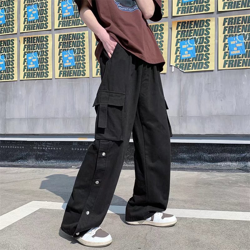 Bonsir  New Men Cotton Cargo Pants Harajuku Style Straight Casual Pants for Men  Solid Big Pockets Loose Wide Leg Design Trousers