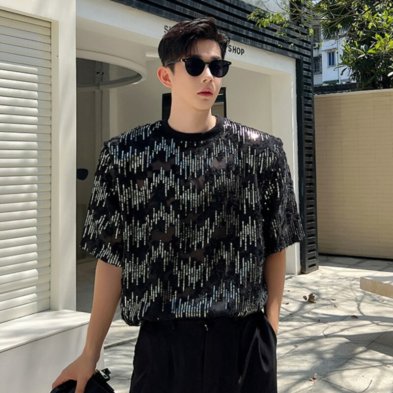 Bonsir High Street Men's Sequin T-shirts Summe New Fashion Niche Design Casual Tee Male Trendy Short Sleeve Tops Korean