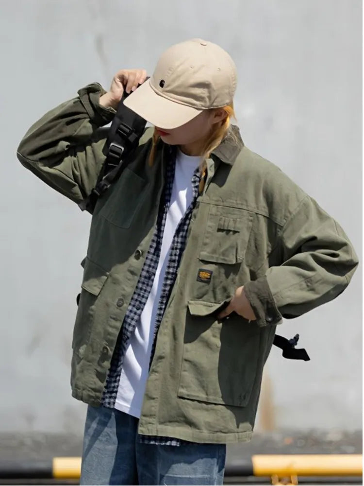 Bonsir Japanese Streetwear Army Green Cargo Jacket Men Women Spring Clothing Harajuku Coat Korean Fashion Military Casual Workwear