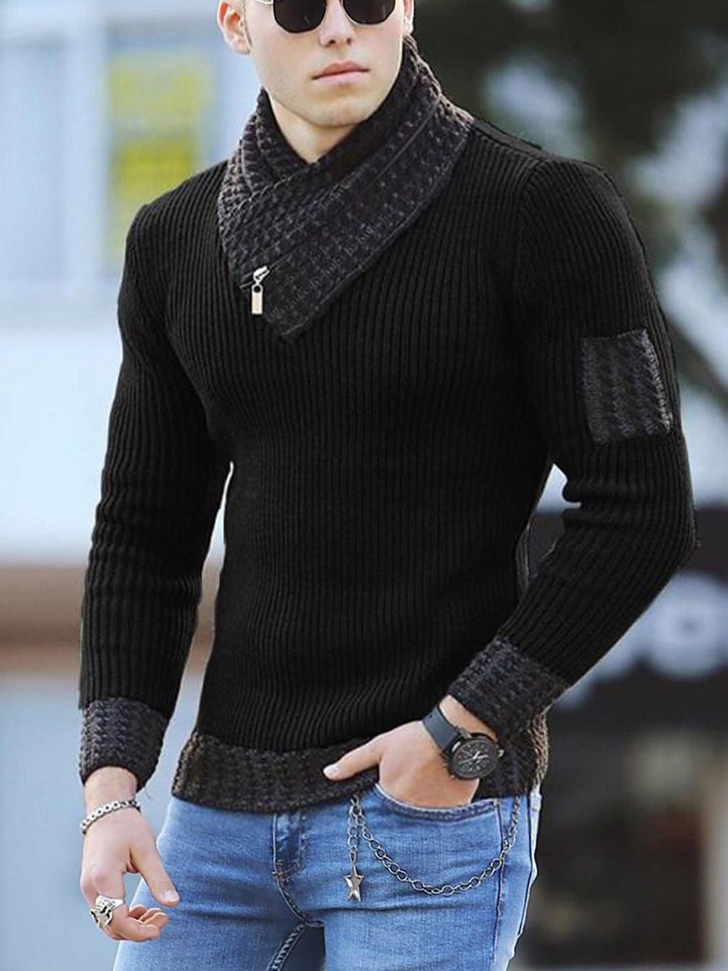 Bonsir Autumn New Men's Pullover Long Sleeve High Neck Sweater Color Matching Trend Sweater