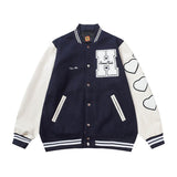 Bonsir Flocking Letter Embroidery Patchwork Human Made Wool Coat for Male and Female Retro Leather Sleeve Oversized Autumn Jackets