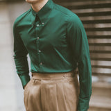 Bonsir Fall Leisure British Business Shirt Design British Men Cuba Collar Slim Solid Green Shirt Camisa Social Masculina Men Shirt