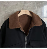 Bonsir Winter Men Lamb Fur Inner Fashion Loose Casual Vintage Short Cargo Jacket Male Japan Korean Streetwear Coat Outerwear