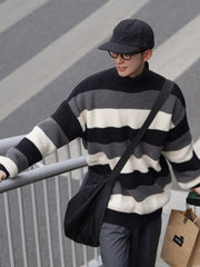 Bonsir  Turtleneck Striped Sweater For Men Loose Autumn Fashion Knitted Pullovers Warm New Brand Male Casual Clothing