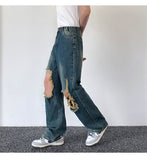 Bonsir Summer Men's Worn Out Jeans Vintage Distressed Hole Wide Leg Denim Straight Pants Korean Personality Casual Srteet
