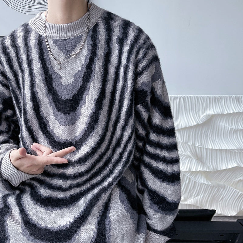 Bonsir Mohair Stripe Fashion Men's Sweater Loose Harajuku Korean Unisex Clothing Autumn New Brand Male Knitted Pullovers