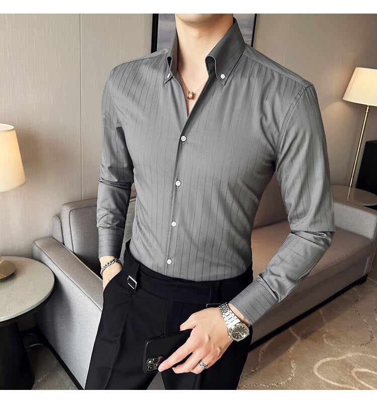 Bonsir British Style Striped Shirts Men V Collar Long Sleeve Casual Shirt Male Business Formal Dress Shirts Social Party Blouse