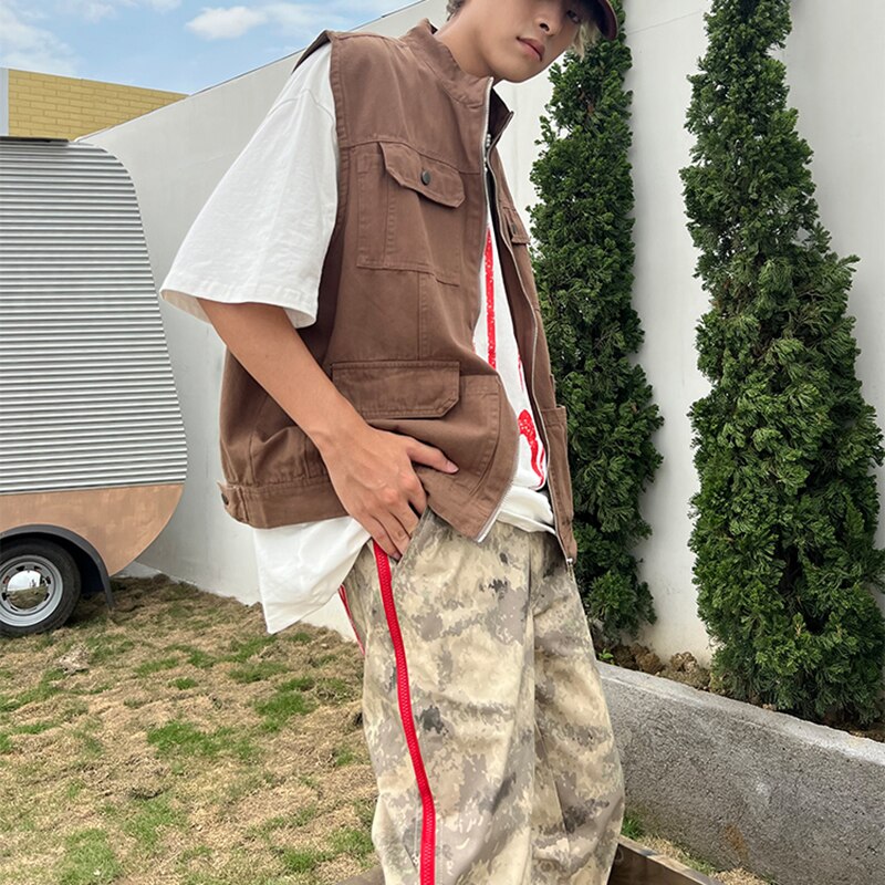 Bonsir Retro Multi-pockets Streetwear Oversized Sleeveless Jackets Mens and Womens Solid Color Harajuku Hip Hop Loose Vest