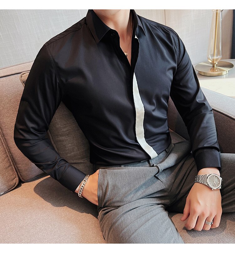 Bonsir Fashion Splicing Shirts Men Long Sleeve Slim Casual Shirt High Quality Business Dress Shirt Formal Social Party Tuxedo Blouse