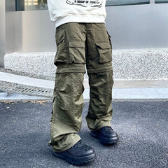 Bonsir Solid Color Knee Detachable Multi-pockets Mens Cargo Pants Elastic Waist Straight Casual Trousers Loose Streetwear Overalls