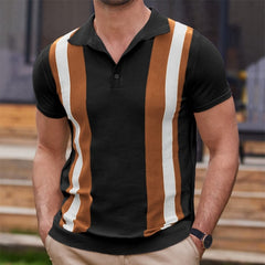 Bonsir Vintage Striped Patchwork Men's Knit Polo Shirt 2023 Spring Summer Casual Short Sleeve Lapel Button Tee Tops Men Clothes Fashion