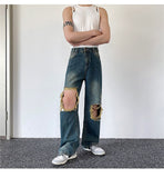 Bonsir Summer Men's Worn Out Jeans Vintage Distressed Hole Wide Leg Denim Straight Pants Korean Personality Casual Srteet