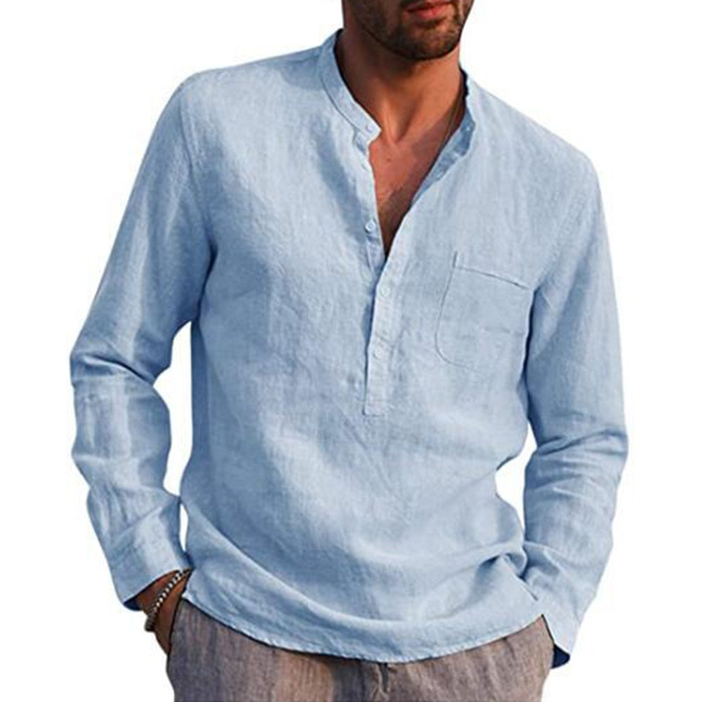 Bonsir Cotton Linen Hot Sale Men's Long-Sleeved Shirts Summer Solid Color  Stand-Up Collar Casual Beach Style Plus Size