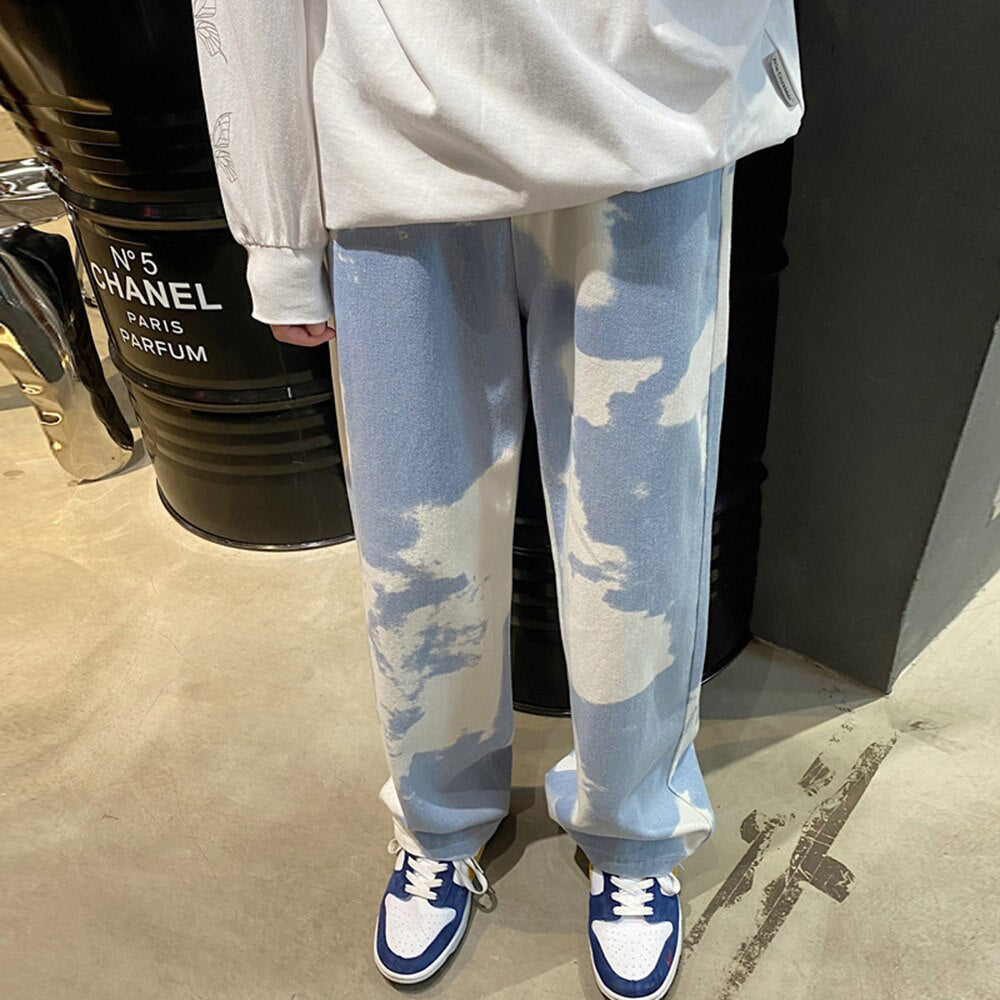 Bonsir Men Y2k Tie Dye Baggy Jeans New Loose Vintage Denim Trousers Male Streetwear Kpop Causal Straight Wide Leg Pants Genderless