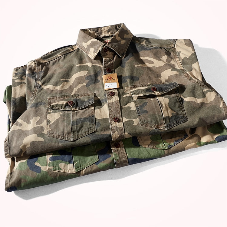 Bonsir Military Style Camouflage Shirt Men Spring Fall New Fashion Multi Pocket Cargo Blouse Vintage Casual Loose Versatile Cotton Tops