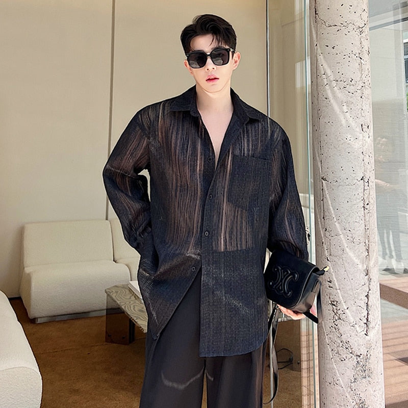 Bonsir Korean Style Transparent Men's Fashion Striped Shirts Summer Trendy Long Sleeve Mesh Tops New Perspective Clothing