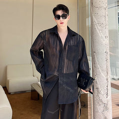 Bonsir Korean Style Transparent Men's Fashion Striped Shirts Summer Trendy Long Sleeve Mesh Tops New Perspective Clothing