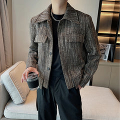 Bonsir Autumn Winter Woven Woolen Jacket Men Loose Lapel Business Casual Coat Streetwear Overcoat Social Windbreaker Men Clothing