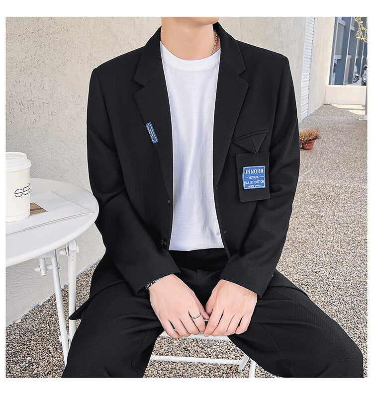 Bonsir Mens Suits Sets Jacket Pant Men Korean Streetwear Office Fashion Loose Casual Blazer Suit Jacket Pant Chic Trend Dress Suits