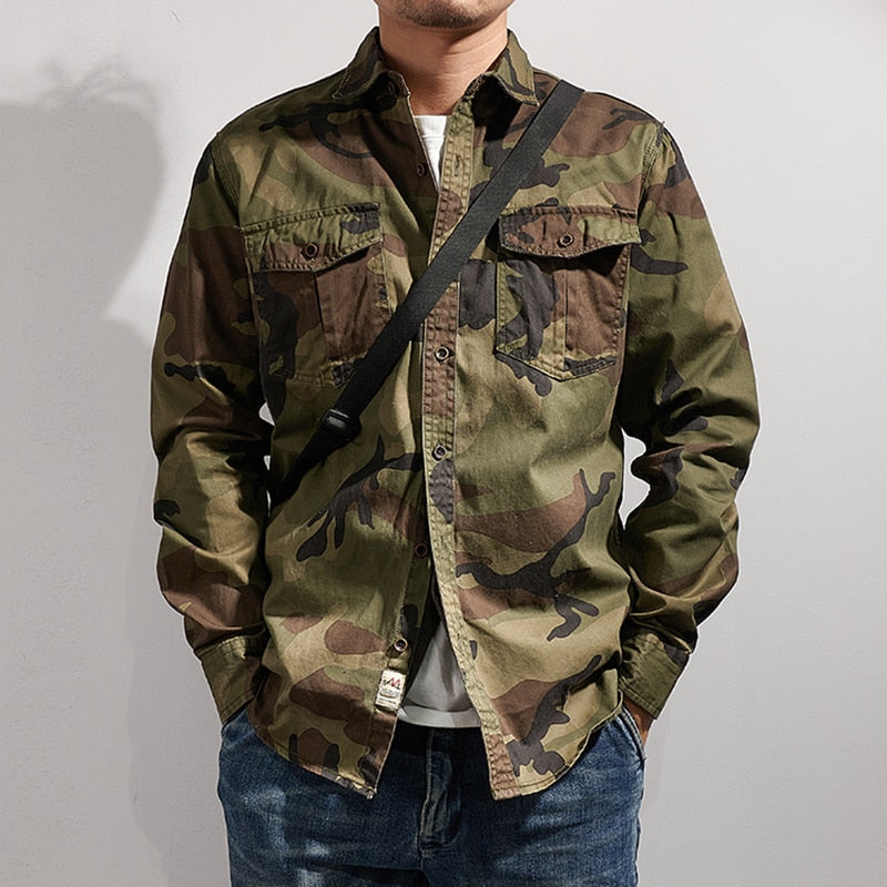 Bonsir Military Style Camouflage Shirt Men Spring Fall New Fashion Multi Pocket Cargo Blouse Vintage Casual Loose Versatile Cotton Tops