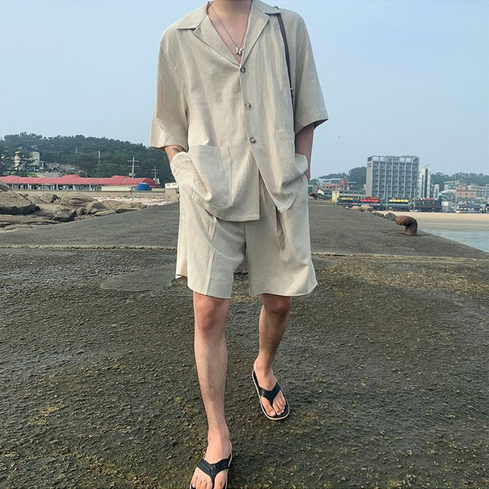 Bonsir Men's Vacation Casual Suit Cotton Linen Short Sleeve Suit Collar Shirt Top Loose Wide Leg Shorts Summer Trend Men Two Pieces Set