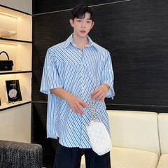 Bonsir Korean Style Irregular Striped Patchwork Shirts Men's Tide Fashion Short Sleeve Lapel Tops Male New Versatile