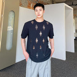 Bonsir Summer Hole Design Male Round Neck T-shirts Solid Color Short Sleeve Men's Knitted Tops 2023 New Korean Casual Trend
