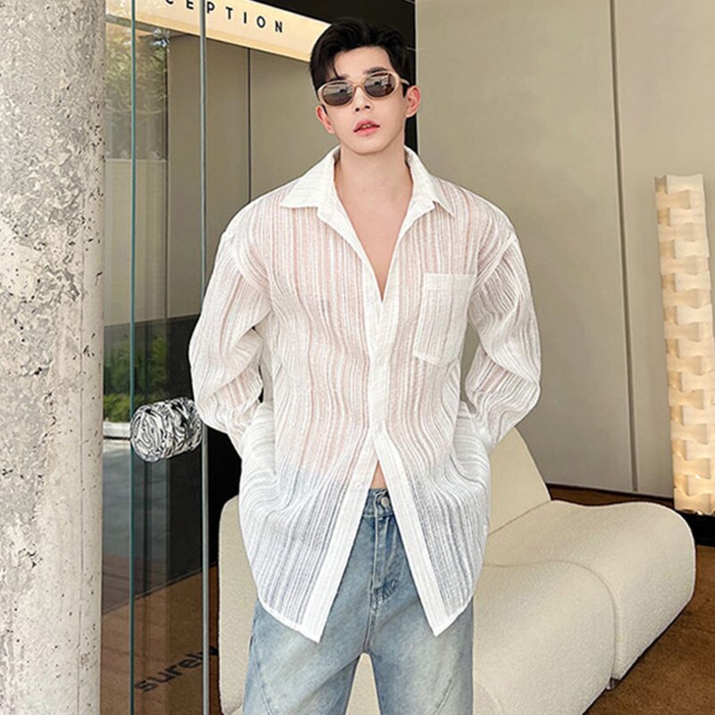 Bonsir Korean Style Transparent Men's Fashion Striped Shirts Summer Trendy Long Sleeve Mesh Tops New Perspective Clothing