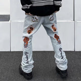 Bonsir High Street Flame Skull Embrodiery Vintage Denim Trousers Men's Distressed Washed Straight Baggy Oversized Jeans Pants