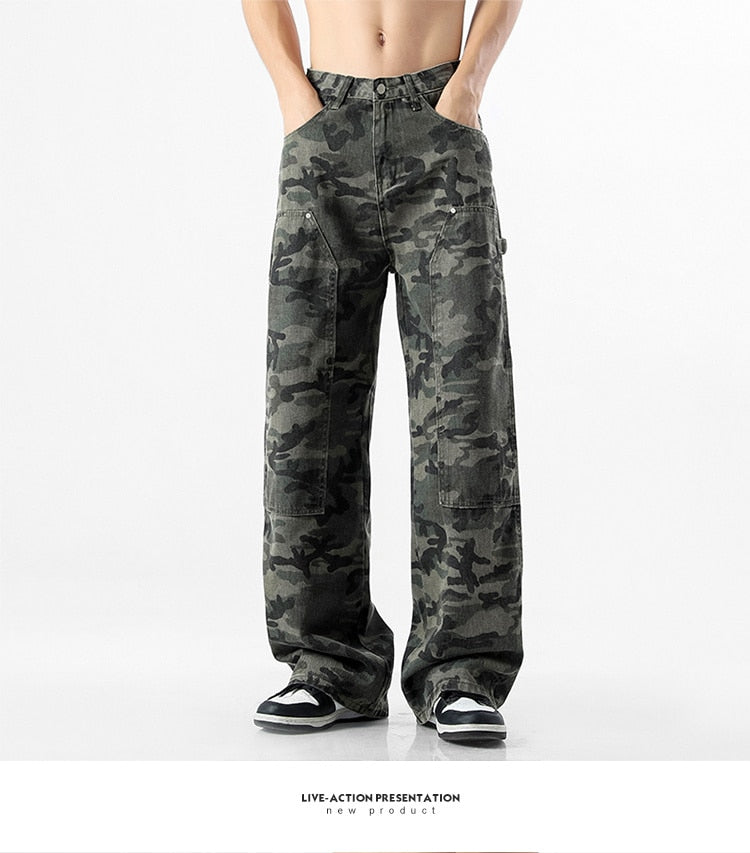 Bonsir American camouflage jeans women's spring and autumn loose straight overalls large wide leg camo pants ins high street fashion