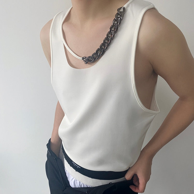 Bonsir Spring Summer Round Collar Chain Casual Sleeveless Vest Korean Style Personality Design Fashion Slim Top Tank Top