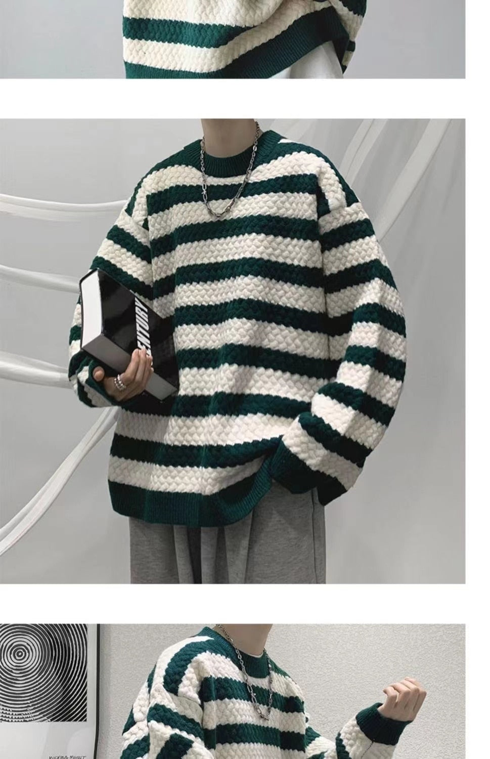 Bonsir Winter Men's Stripe Printing Coats Round Neck Wool Sweater Retro Loose Pullover Fashion Trend Thickened Knitting M-2XL