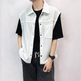 Bonsir Cotton Khaki/White Lapel Vest Men Fashion Spring/Summer Casual Pocket Vest Men Korean Loose Sleeveless Jacket Mens Vest M-XL