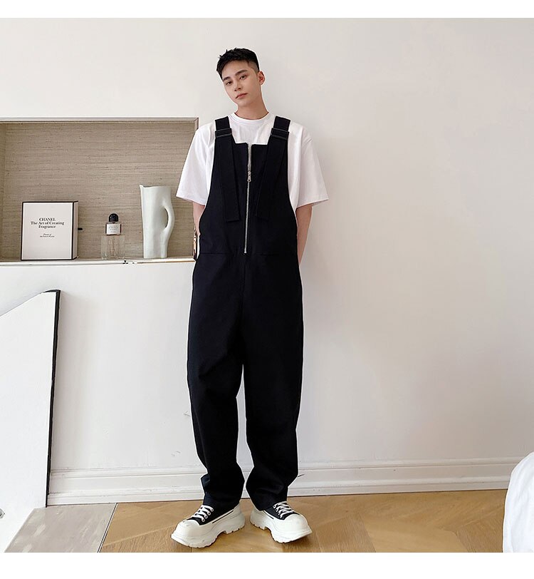 Bonsir Men's Loose Casual Overalls Pants Men Korean Japan Korean Streetwear Fashion Black White Bib Pant Male Cargo Jumpsuit Trousers