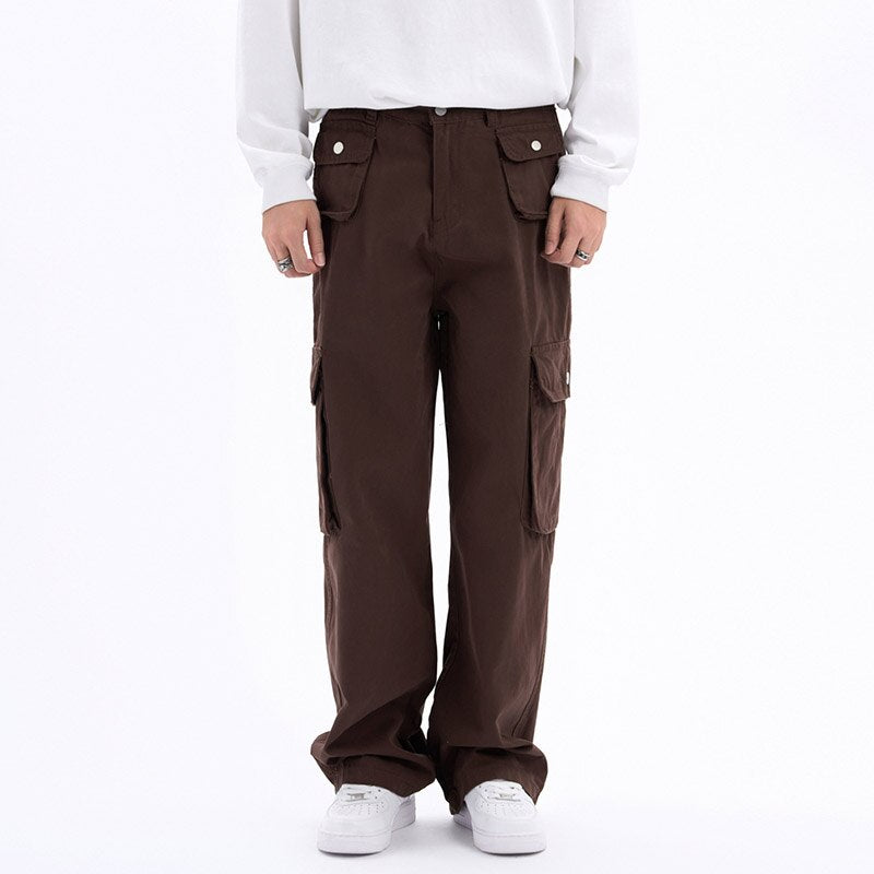 Bonsir Hip Hop Multi-pockets Solid Color Wide Leg Men's Cargo Pants Retro High Street Autumn Casual Loose Trousers Unisex Oversized