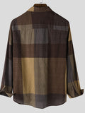 Bonsir Vintage Plaid Cotton Linen Mens Shirts Autumn Casual Long Sleeve Turndown Collar Button-up Pullover Tops Summer Fashion Mens Top
