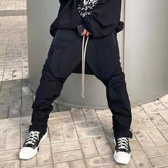 Bonsir High Street Vibe Style Drawstring Black Casual Trousers Retro Straight Oversized Pockets Harajuku Hip Hop Mens Track Pants