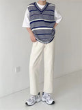 Bonsir Winter Men's Loose V-neck Wool Sweater Vest Striped Printing Pullover Fashion Trend Sleeveless Knitting Blue/black Coats
