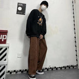 Bonsir Men's Korean Style Retro Trend Sweatpants Corduroy Fabric Solid Color Straight Casual Pants Loose Brown Color Trousers