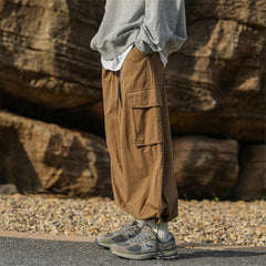 Bonsir Men's Loose Straight Wide Leg Pants Autumn Vintage Brown Cargo Pants Men Streetwear Casual Ankle-banded Trousers With Belt