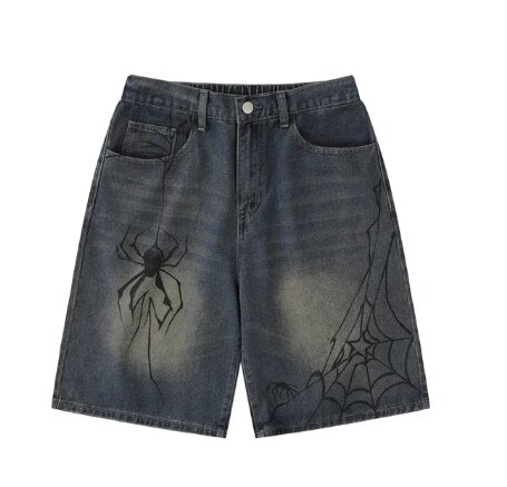 Bonsir American Street Dark Spider Denim Shorts Men European High Street Retro Washed Straight Vibe National Tide Five-point Pants